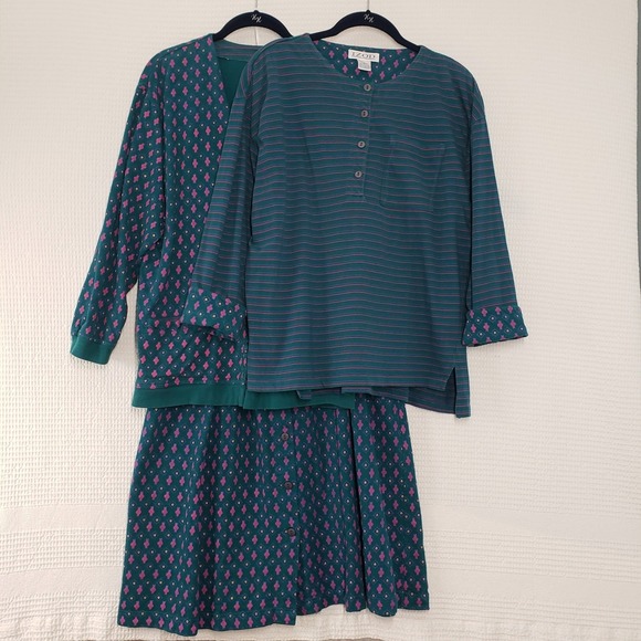 Izod Dresses & Skirts - Vintage Izod 3pc Skirt Set XL Teal Pink Cardigan Henley Midi Skirt Stripe Modest